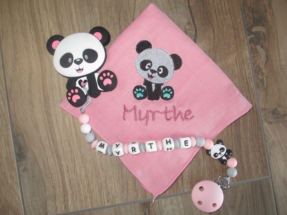 Set Nuscheli und Beisskette rosa mit Panda